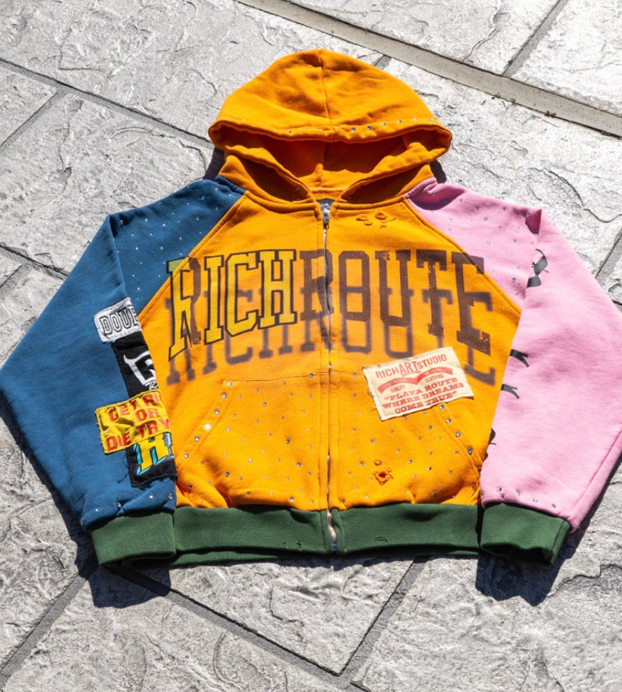 Multi-Color Patchwork Hoodie (Rhinestones)